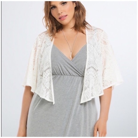 torrid Sweaters - Sold • lace drape front shrug in cloud dancer